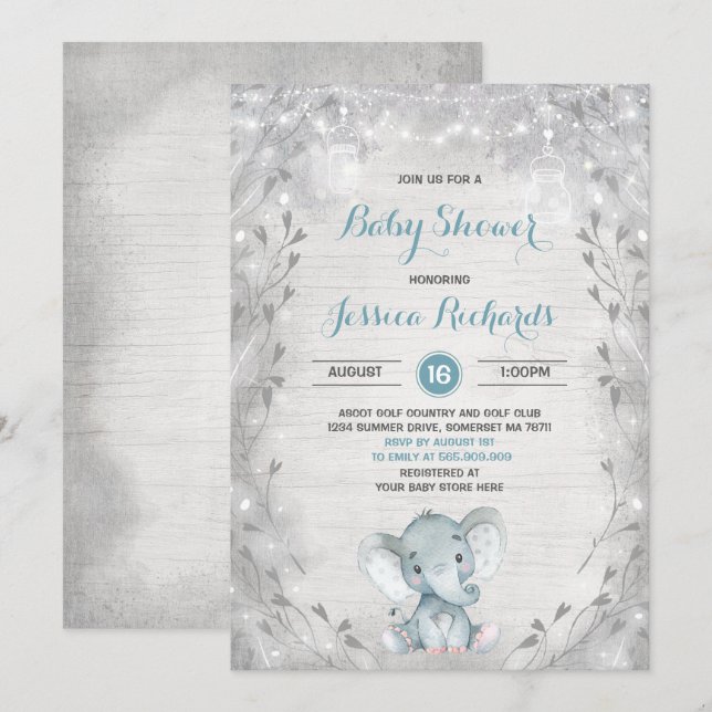 Baby shower Eléphant Rustique Invitation Garçon do (Devant / Derrière)
