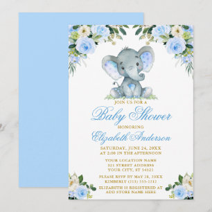 Baby Shower Elephant Watercolor Blue Floral Gold Invitation