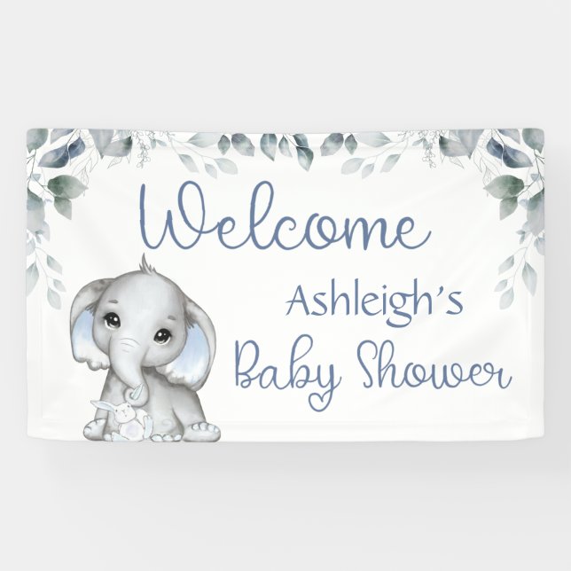Baby Shower Elephant Watercolor Botanical Blue Banner (Horizontal)