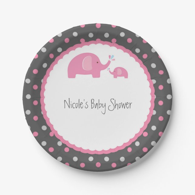 Baby Shower Elephants Pink Grey & White Paper Plate (Front)