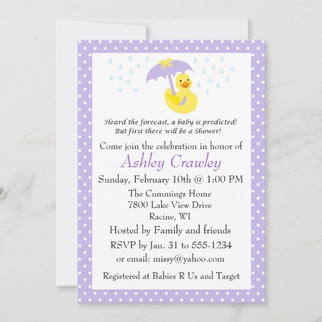 Baby shower en caoutchouc Ducky violet invitation  (Devant)