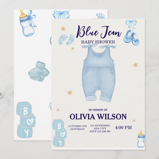 Baby shower en jean bleu bébé denim invitation (Devant / Derrière)
