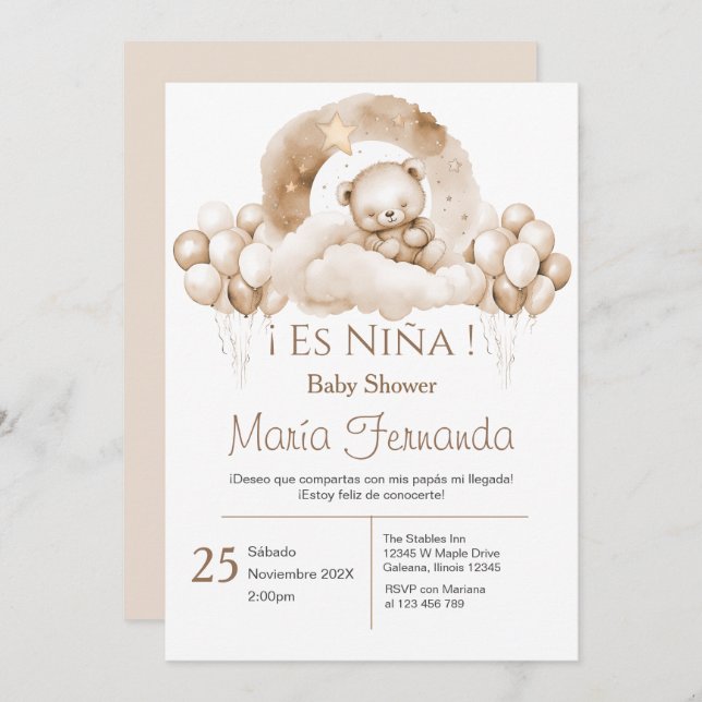 Baby shower espagnol invitation fille (Devant / Derrière)