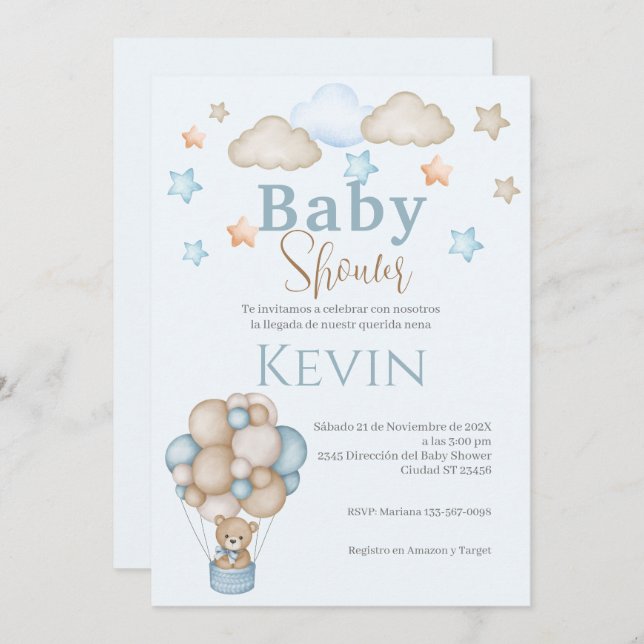 Baby shower espagnol Invitation Ours bleu Garçon (Devant / Derrière)