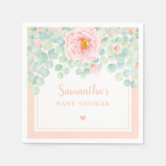 Baby Shower Eucalyptus Foliage Floral Peach Sage Napkin (Front)