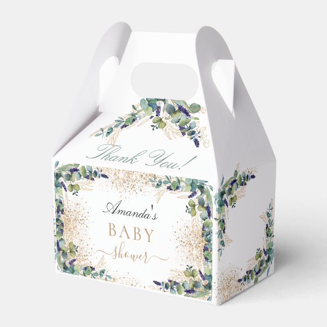 Baby shower eucalyptus gold glitter thank you favor box (Front Side)