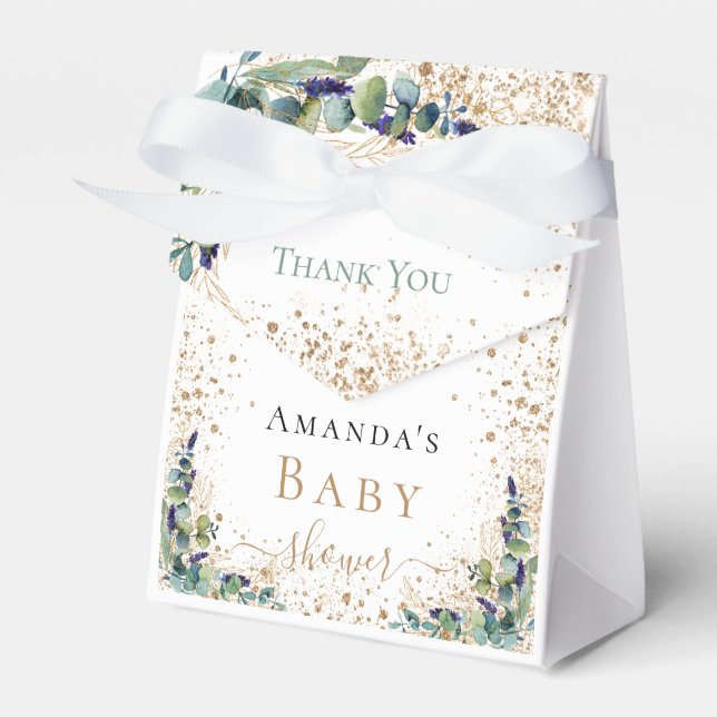 Baby shower eucalyptus gold glitter thank you favor box (Front Side)