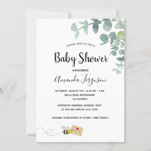 Baby Shower eucalyptus greenery cute bee Invitation