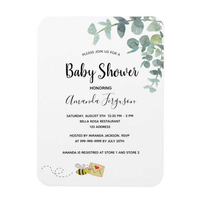 Baby Shower eucalyptus greenery cute bee Magnet (Vertical)