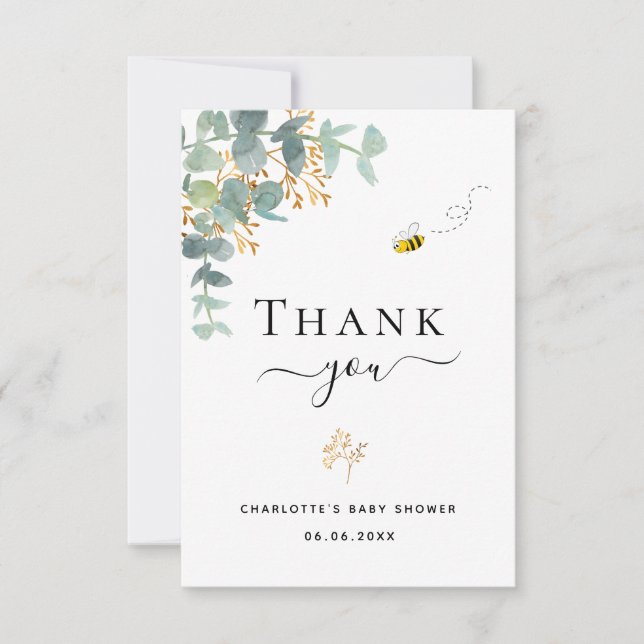 Baby Shower eucalyptus greenery elegant cute bee Thank You Card (Front)