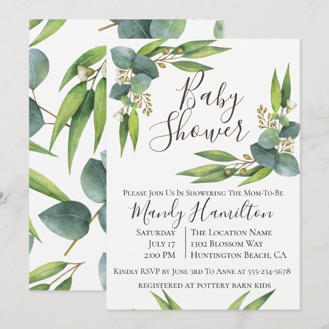 Baby shower Eucalyptus vert Invitation (Devant / Derrière)