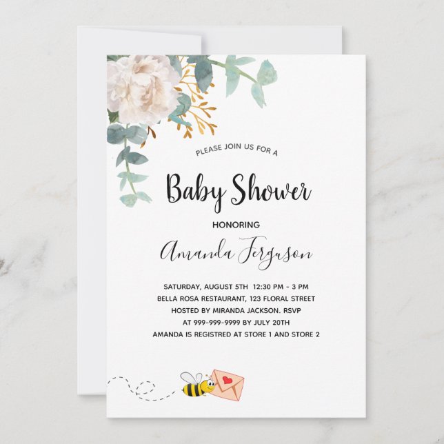 Baby Shower eucalyptus white floral mom to bee Invitation (Front)