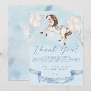 Baby Shower Fairytale Pony Stars Blue Balloons Thank You Card
