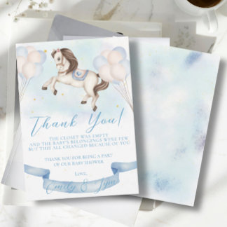 Baby Shower Fairytale Pony Stars Blue Balloons Thank You Card