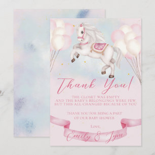 Baby Shower Fairytale Pony Stars Pink Balloons Thank You Card