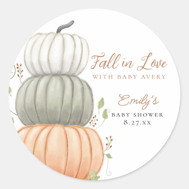 Baby Shower Fall in Love Pumpkin Fall Classic Round Sticker (Front)