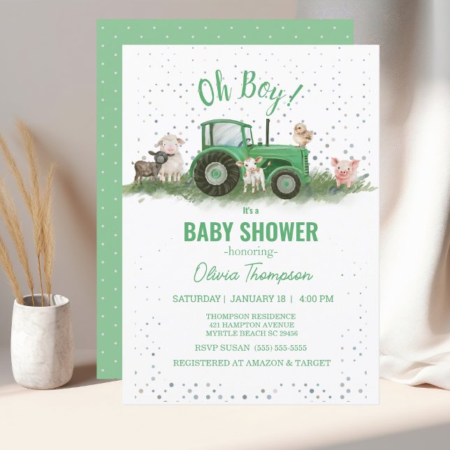 Baby Shower Farm Animals Green Tractor Boy  Invitation (Creator Uploaded)