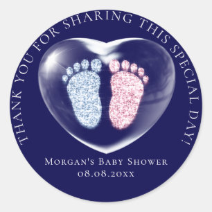 Baby Shower Favor Bubble Hearts  Feet Blue Pink Classic Round Sticker