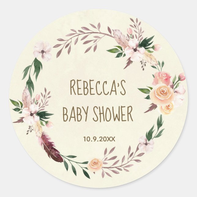 baby shower favorise autocollants boho plumes flor (Devant)