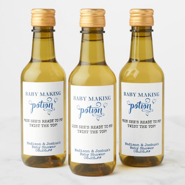 Baby Shower Favour Baby Making Potion Blue Mini Wine Label (Bottles)