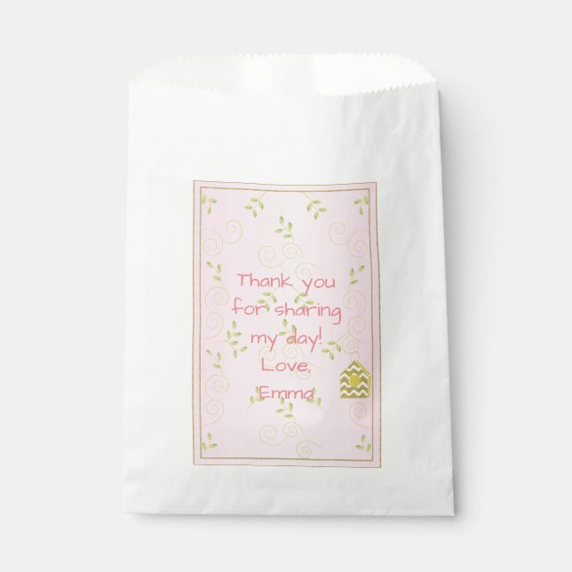 Baby Shower Favour Bag, PINK "Golden Birds" Bag (Front)