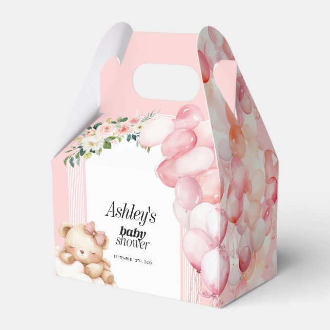 Baby Shower Favour Box, Pink Bear and Balloons Favor Box (Back Side)