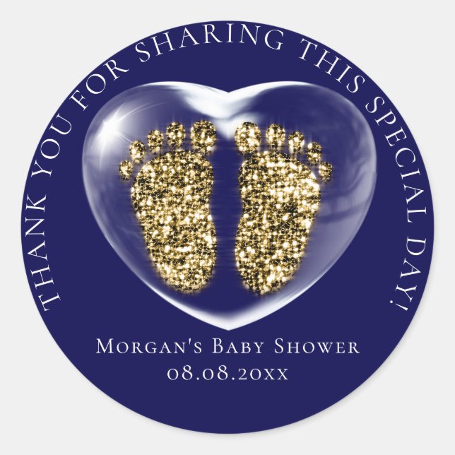 Baby Shower Favour Bubble Heart Gold Feet Blue Classic Round Sticker (Front)