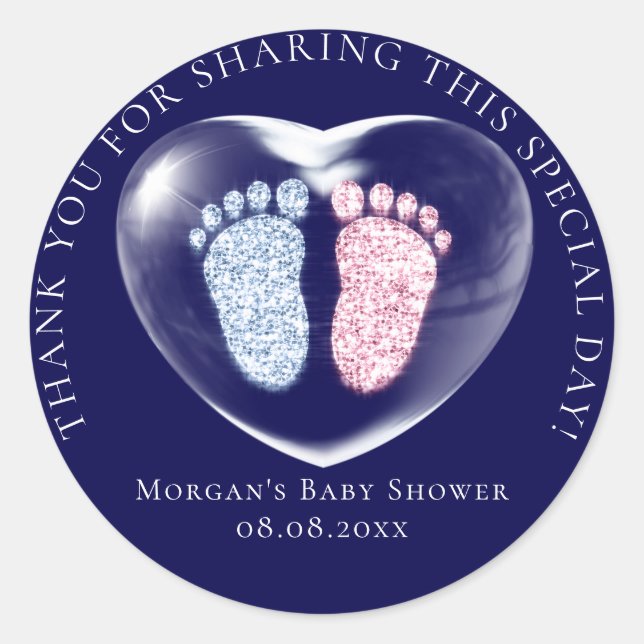 Baby Shower Favour Bubble Hearts  Feet Blue Pink Classic Round Sticker (Front)