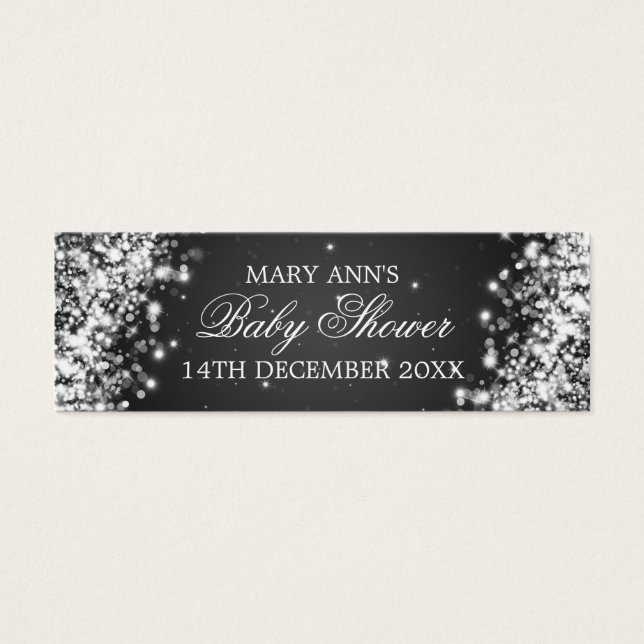Baby Shower Favour Tag Sparkling Wave Black (Front)