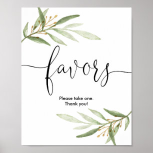 Baby shower favours sign greenery gold elegant