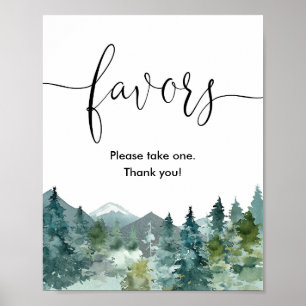 Baby shower favours sign rustic mountains and tree