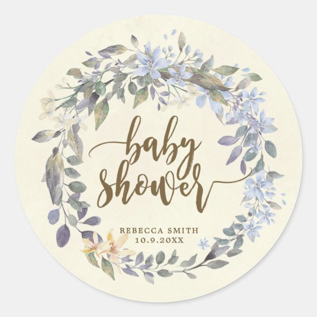 baby shower favours stickers boho blue floral (Front)