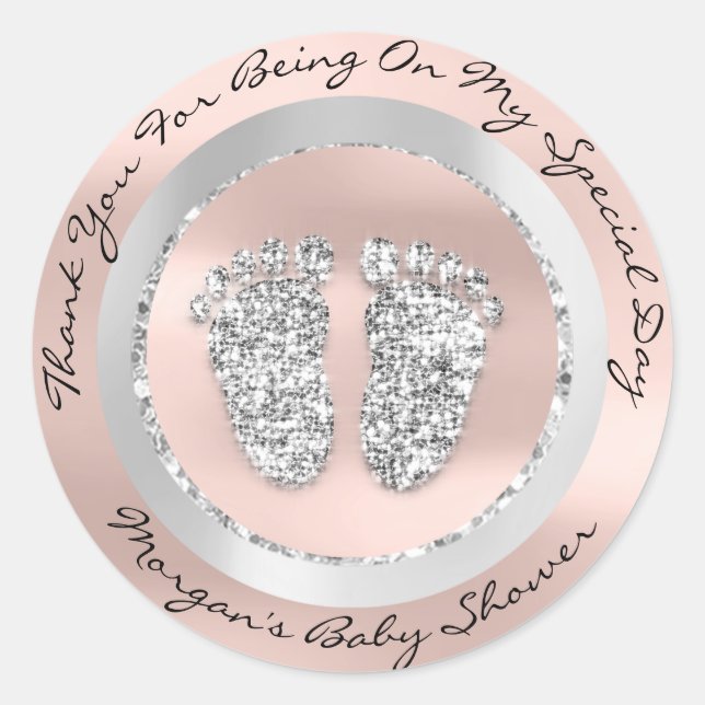 Baby Shower Feet Boy Girl Name Thank Grey Rose VIP Classic Round Sticker (Front)