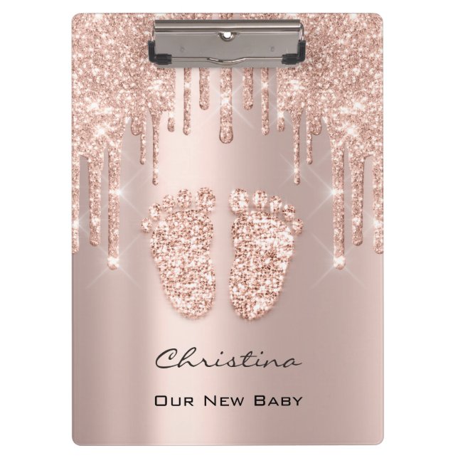 Baby Shower Feet Boy Girl Name Thank Rose Gold Clipboard (Front)