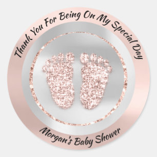 Baby Shower Feet Boy Girl Name ThankGray Rose Glam Classic Round Sticker