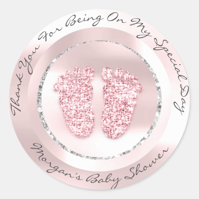 Baby Shower Feet Girl Name Thank Grey Rose Pink Classic Round Sticker (Front)
