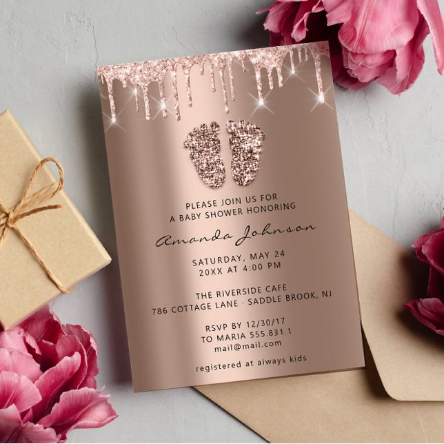 Baby Shower Feet Glitter Rose Gold Drips  Boy Girl Invitation (Baby Shower Feet Glitter Rose Gold Drips Boy Girl Invitation)