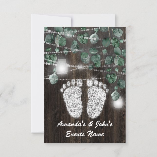 Baby SHOWER Feet  Rustic Green Wood Silver Invitation (Back)