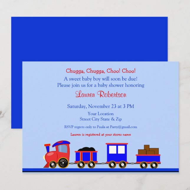 Baby shower ferroviaire rouge et bleu Invitation (Devant / Derrière)