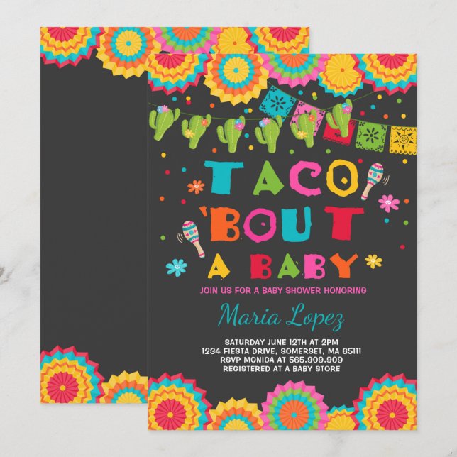 Baby shower Fiesta Invitation Taco Bout A Baby (Devant / Derrière)