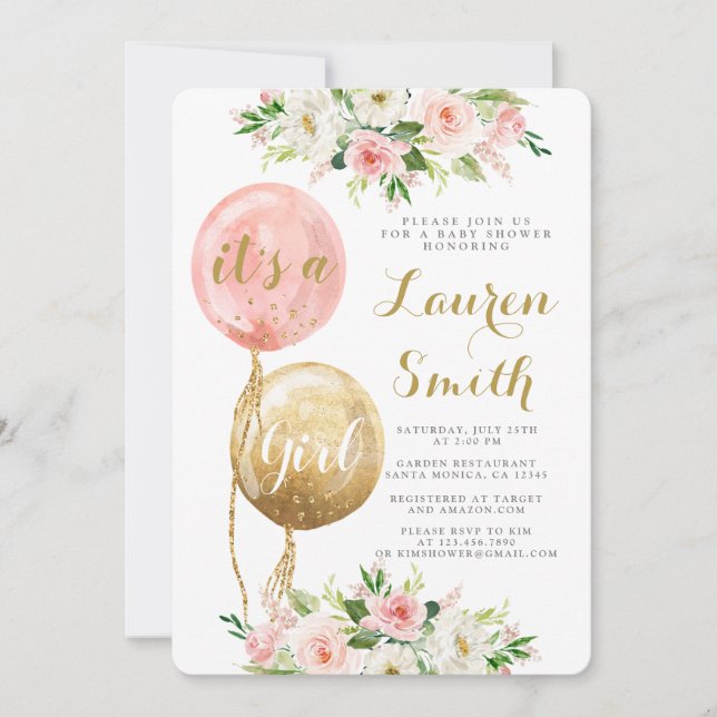 Baby shower fille ballons Invitation (Devant)