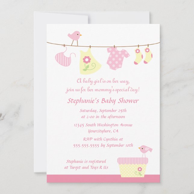 Baby shower fille oiseaux invitation à la fête de  (Devant)