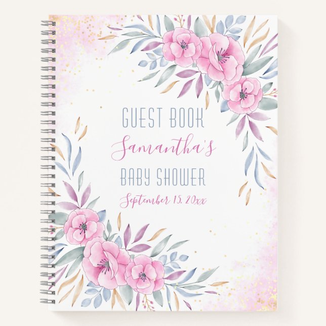 Baby shower Fleurs roses Aquarelle Livre d'or (Devant)