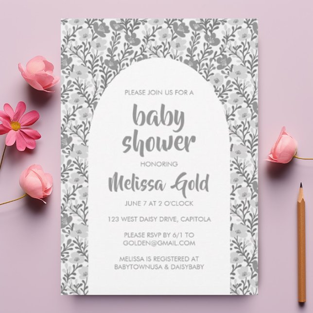 BABY SHOWER Floral Arch Grey Flower Pattern CUSTOM Invitation (Creator Uploaded)