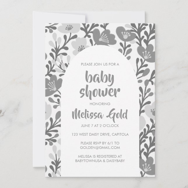 BABY SHOWER Floral Arch Grey Flower Pattern CUSTOM Invitation (Front)