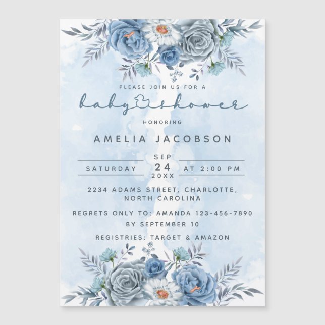 Baby shower floral bleu et argent Invitation (Devant)