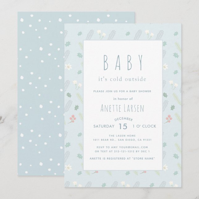 Baby shower Floral Bleu & Foliage Invitation (Devant / Derrière)