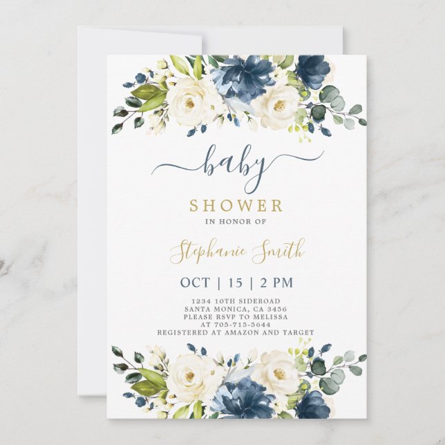 Baby shower floral bleu marine Invitation garçon (Devant)
