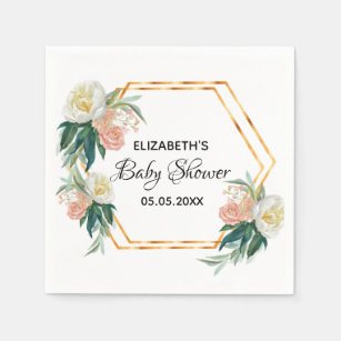 Baby Shower floral coral gold geometric roses Napkin