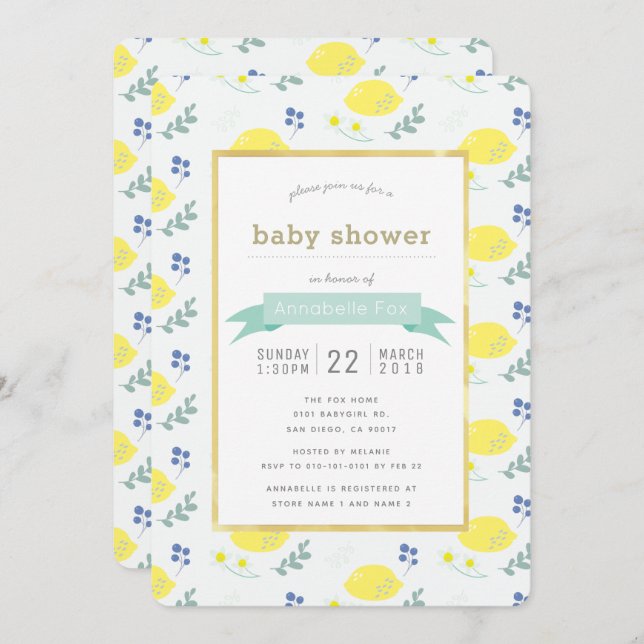 Baby shower Floral de citron blanc Invitation (Devant / Derrière)